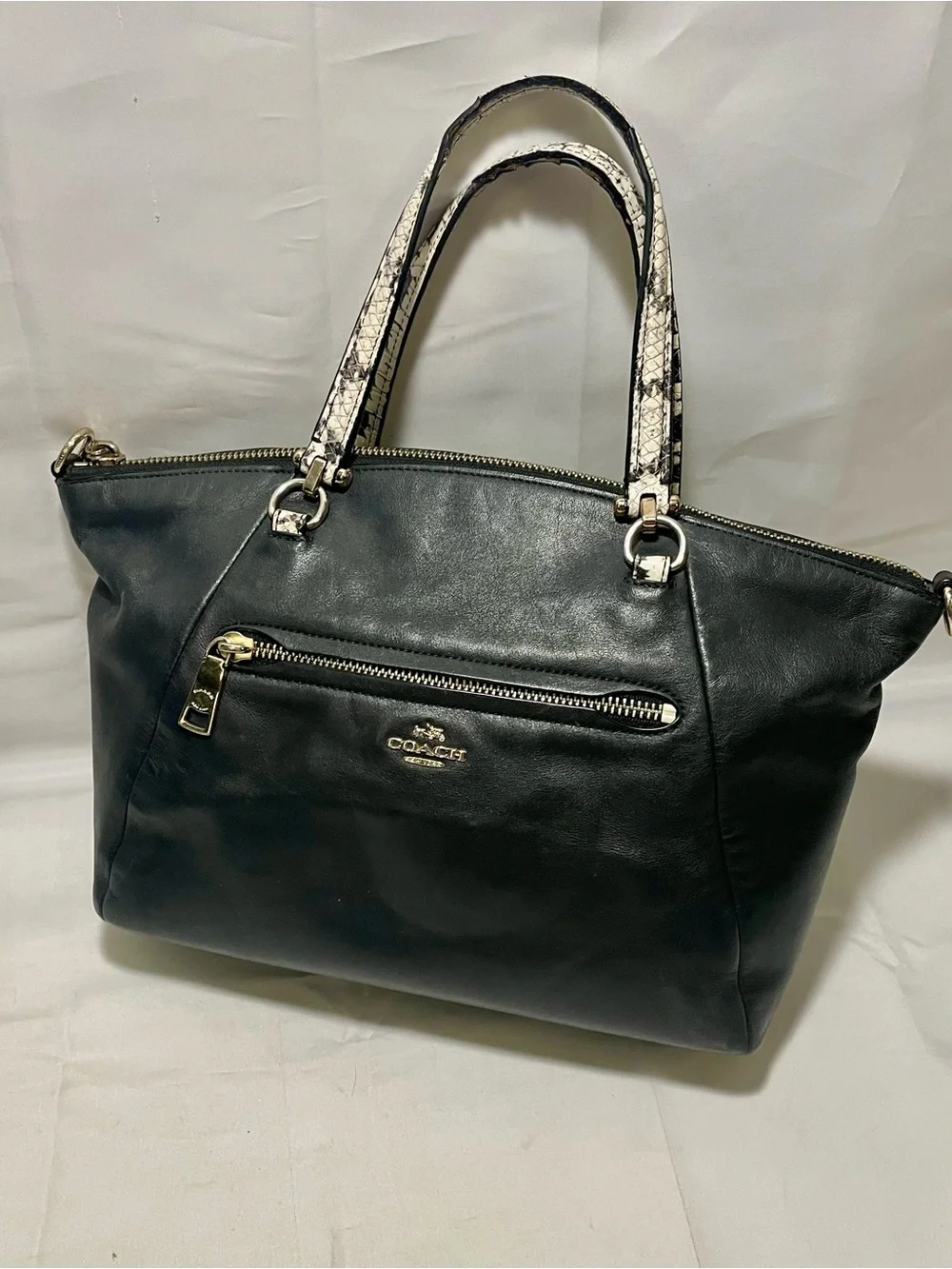 Coach Black Leather Prairie Satchel/Crossbody with Snakeskin Handles